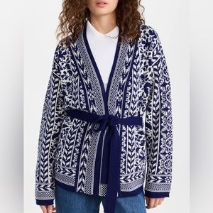 La Double J Blue and White Intarsia Knit Belted Wool Cardigan.